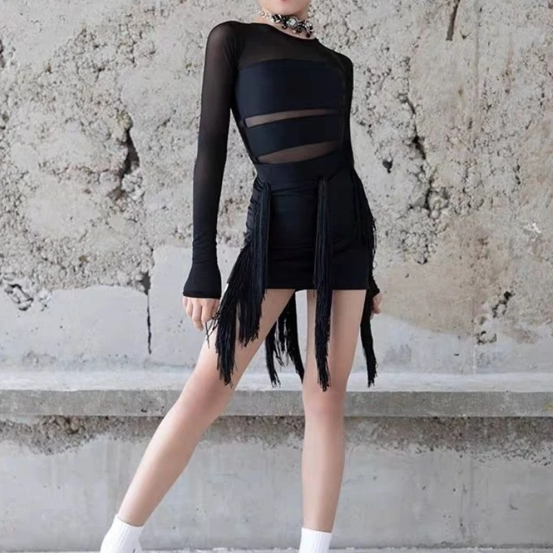 Child Latin Dance Dress Mesh Long Sleeves Top Fringe Skirt Set Cha-cha Samba Training Suit Clothes Performance Costume for Girls