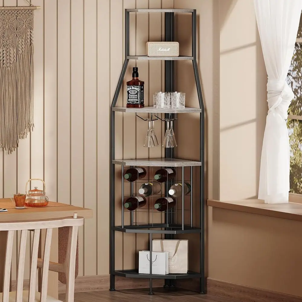 

5-Tier Wine Rack lotanding with Glass Holder and Bottles Wine Storage Home Bar urniture or Home Kitchen Dining Room Industrial M