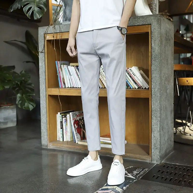 

2024 Men Spring Autumn New Slim Fit Students Trousers Male Korean Pockets Stretch Cotton Pants Men Solid Color Casual Pants I636