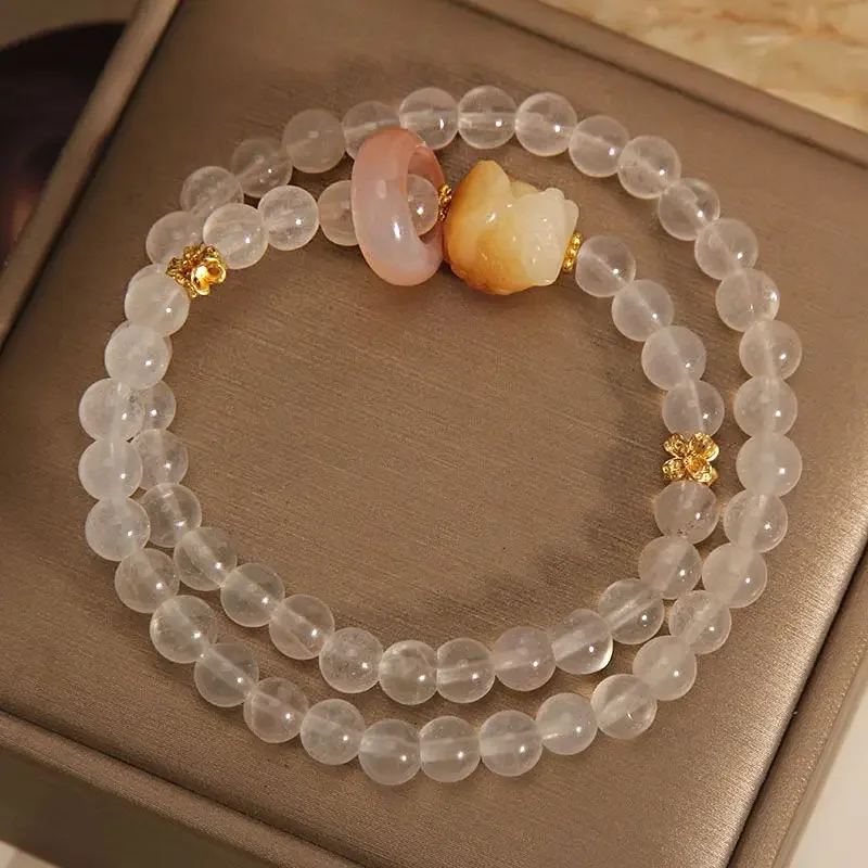 

Original Natural Jinsi Jade Double Circle Bracelet Exquisite Niche Xingshi Flexible Ring Twin Beaded Multi-Layer Bracelet