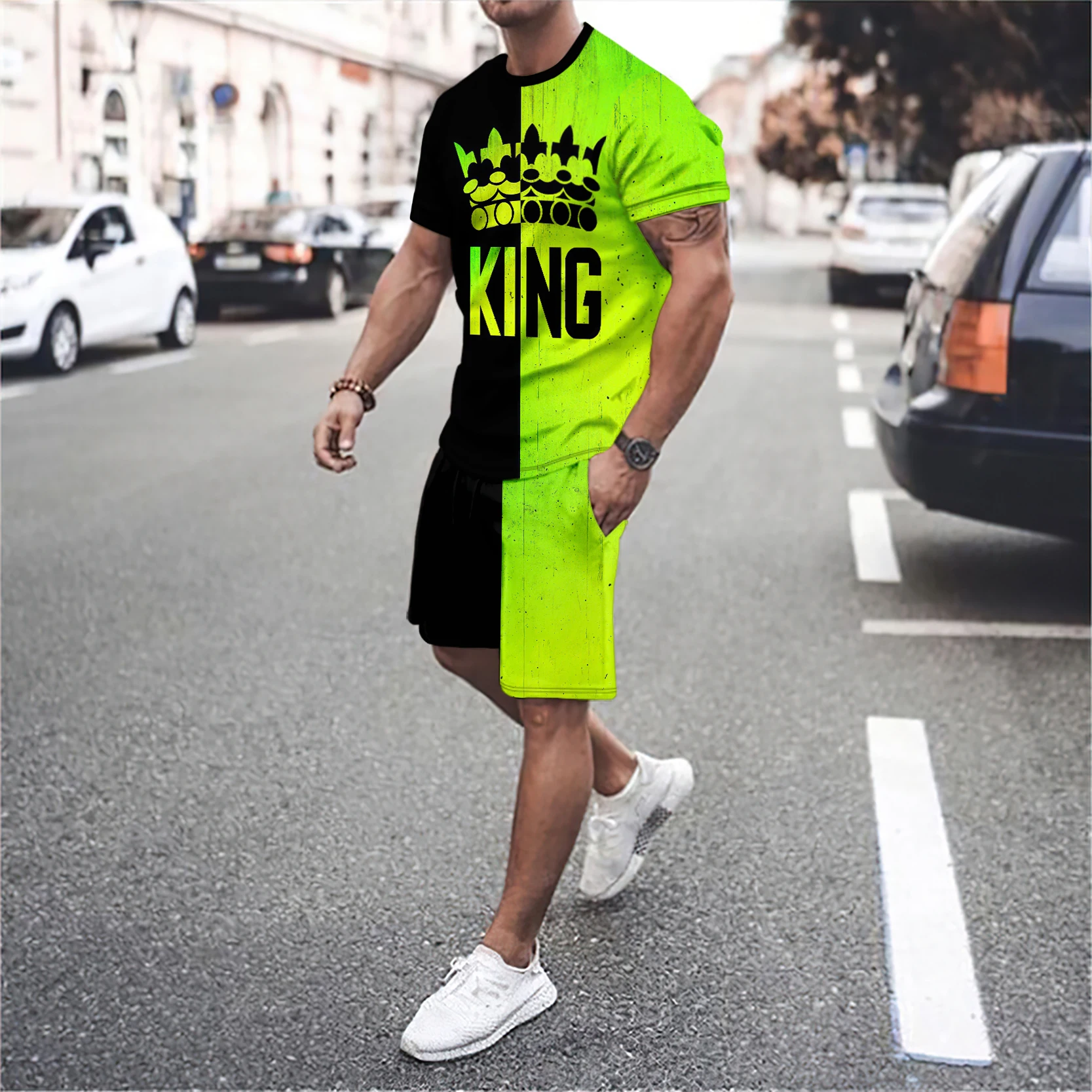 men\'s round neck short sleeved T-shirt and shorts set 3D smiling face letter patchwork fashionable casual basketball sportswear