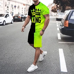 men's round neck short sleeved T-shirt and shorts set 3D smiling face letter patchwork fashionable casual basketball sportswear