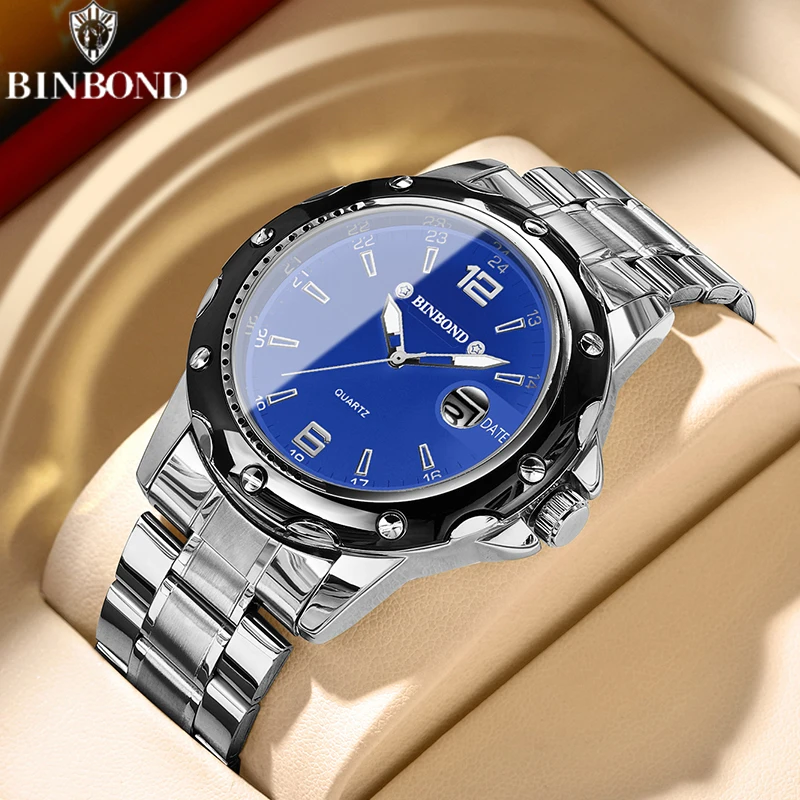 

BINBOND Ultra-thin Quartz Men Watch Fashion Sports Magnifier Calendar Night Glow Waterproof Luxury Steel Band Business Men Watch