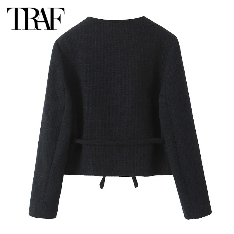 TRAF Butterfly Lace-Up Blazer Coats Women\'s Outerwears 2024 Spring Autumn Elegant Ladies Fashion Casual Black Long Sleeve Coats