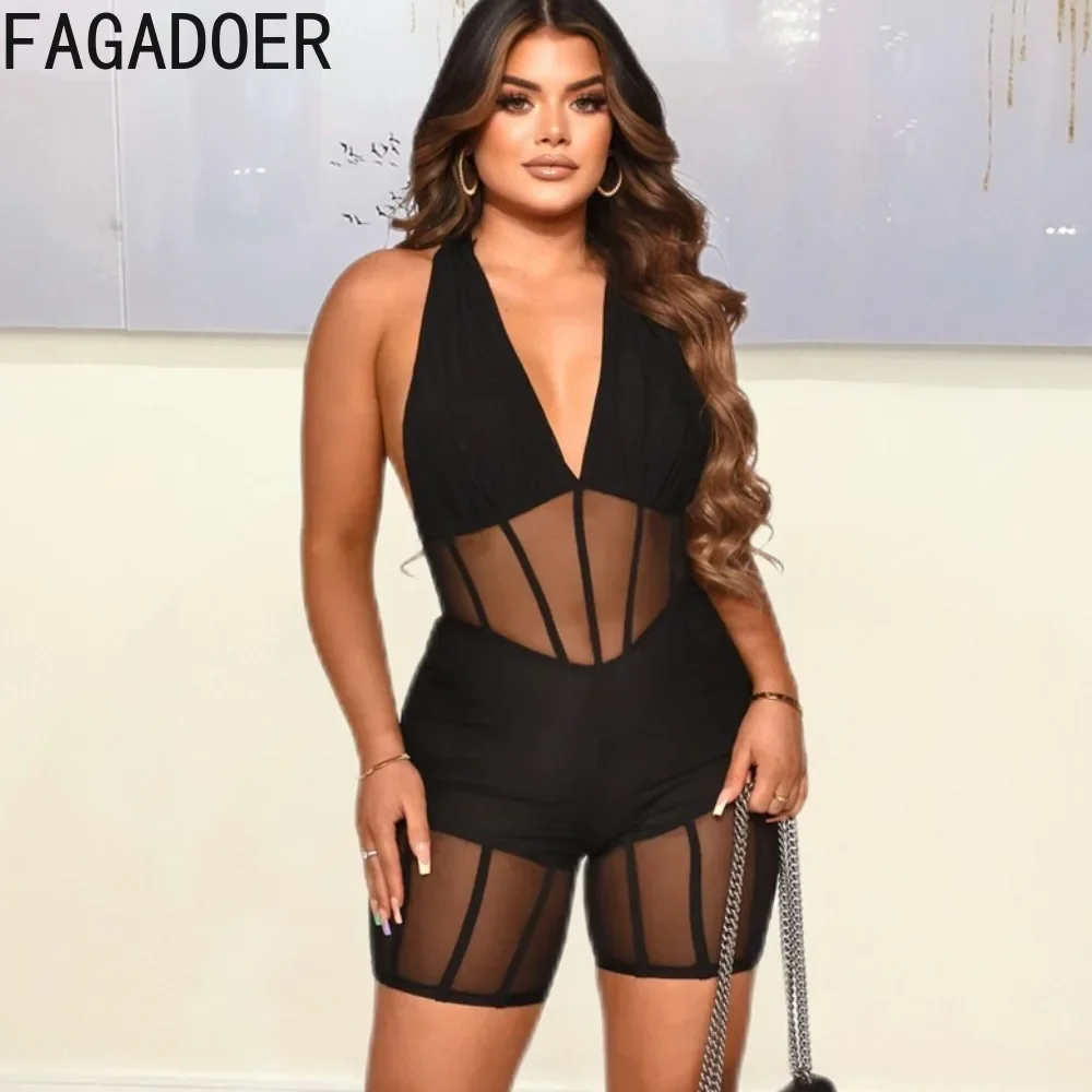 

FAGADOER Black Sexy Mesh Perspective Stitching Bodycon One Pieces Rompers Women Deep V Sleeveless Slim Jumpsuits Female Overalls