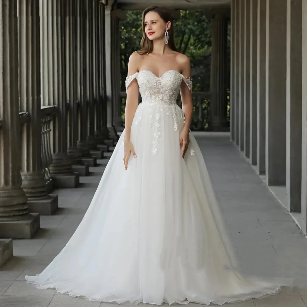 Abiti Da Sposa lunghi lucidi al largo della spalla abiti Da Sposa in Tulle con applicazioni A Line Sweep Train Abito Da Sposa