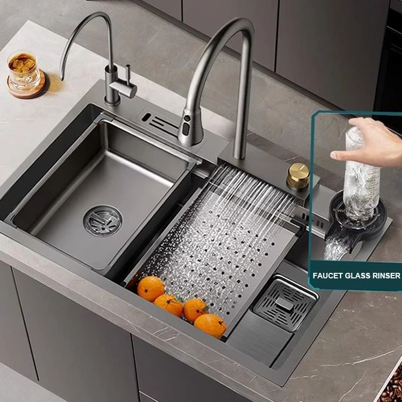 Waterfall Kitchen Sink Topmount Single Bowl Wash Basin Stainless Steel Workstation with Drain Accessories Knife Holder Faucet