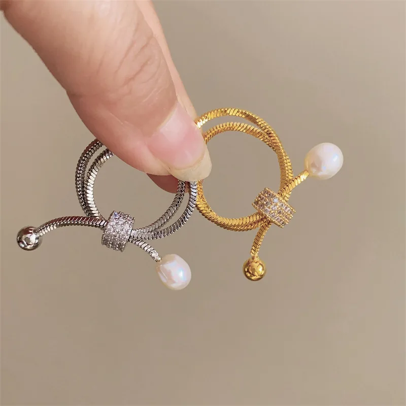 Cool Metal Chain Pull-out Multi-layer Adjustable Natural Pearl Ring Trend