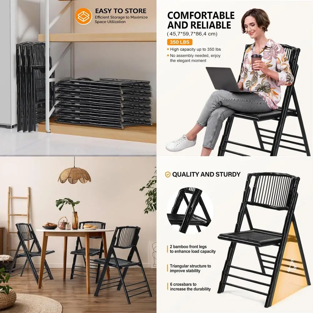 

Classic Bamboo Folding Chair, Comfortable for Indoor and Outdoor Use, Suitable for Patio, Weddings, and Events, Black (Set of 1)
