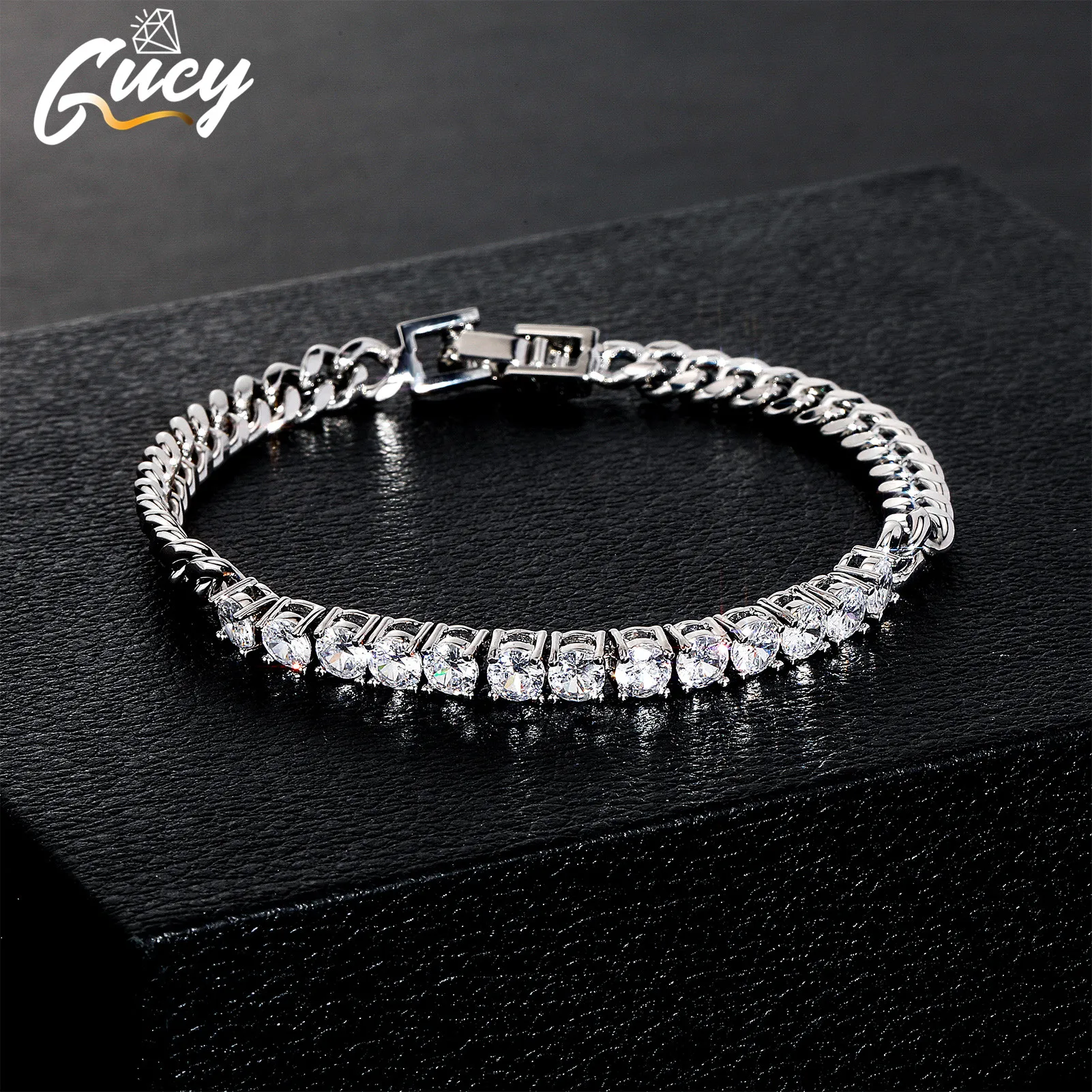 GUCY Hip Hop 4MM Micro Pave Cubic Zircon 1 Row Copper Tennis Chain Bracelet Bling Mens Bracelet For Men Jewelry