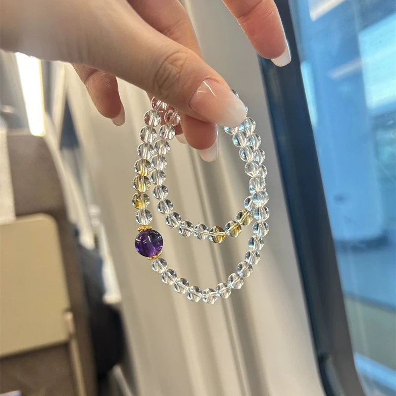 Natural white 6mm , double-loop amethyst and citrine bracelet, versatile style