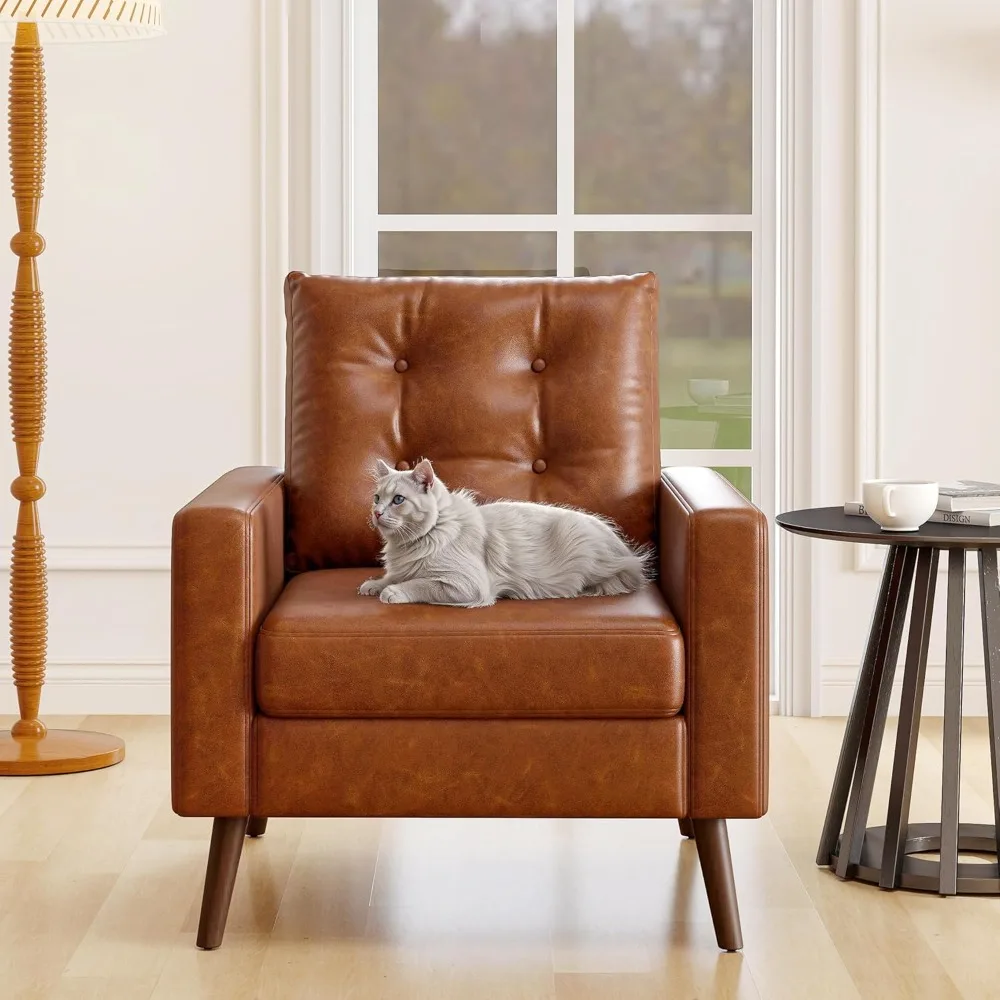 

Mid Century Modern Armchair, Button Tufted Faux Leather Accent Chair with Arm, Upholstered Club Chair for Living Room, Caramel