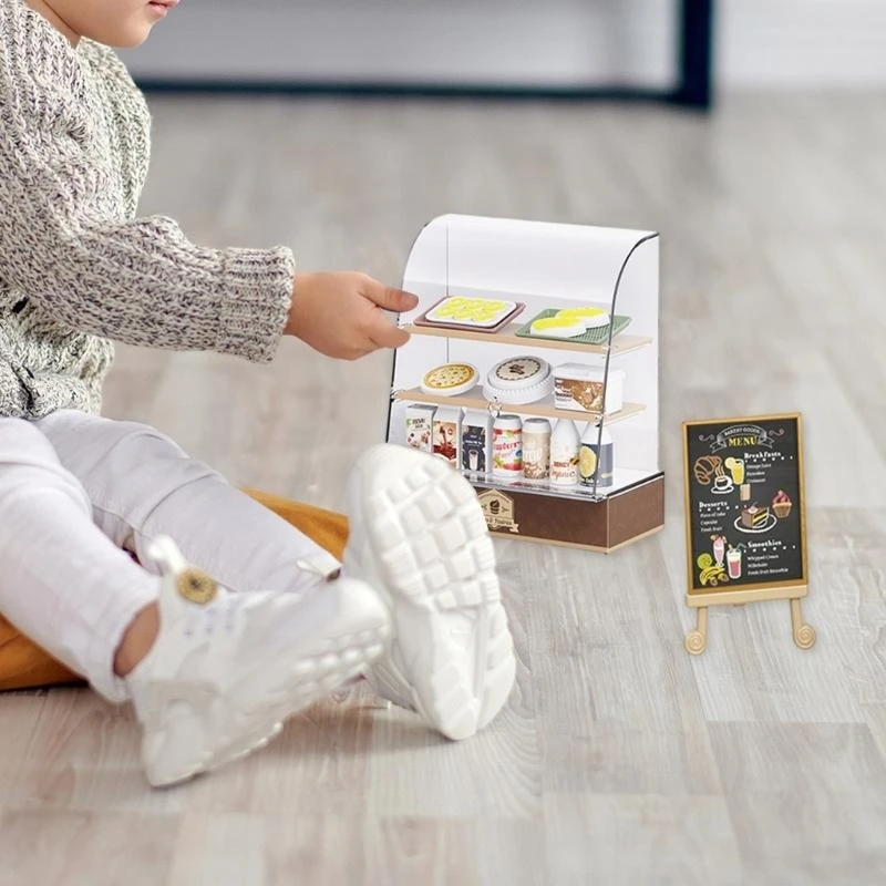 Miniatuur bakkerij vitrine met dessert beeldje set voor poppenhuizen bakkerij display kinderen fantasiespel keuken 15UB