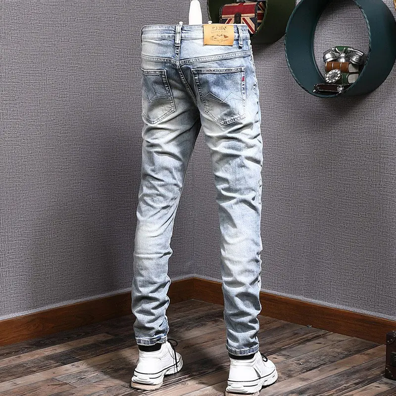 Fashion Vintage Men Jeans Retro Washed Light Blue Elastic Slim Ripped Jeans Men Embroidery Patched Designer Denim Pants Hombre