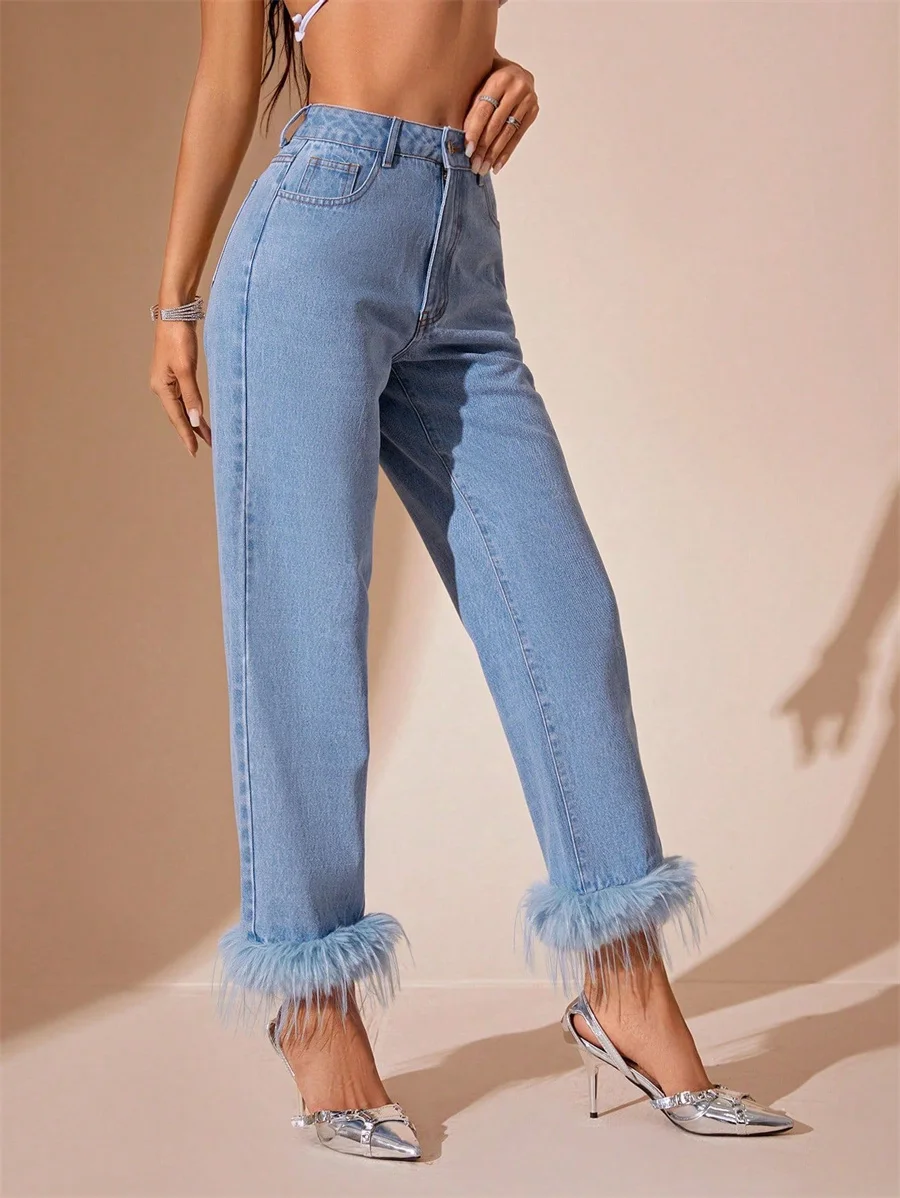 Benuynffy Plush Splicing Straight Leg Jeans Women's Autumn New Streetwear Vintage High Waist Loose Denim Pants Fashion 2024