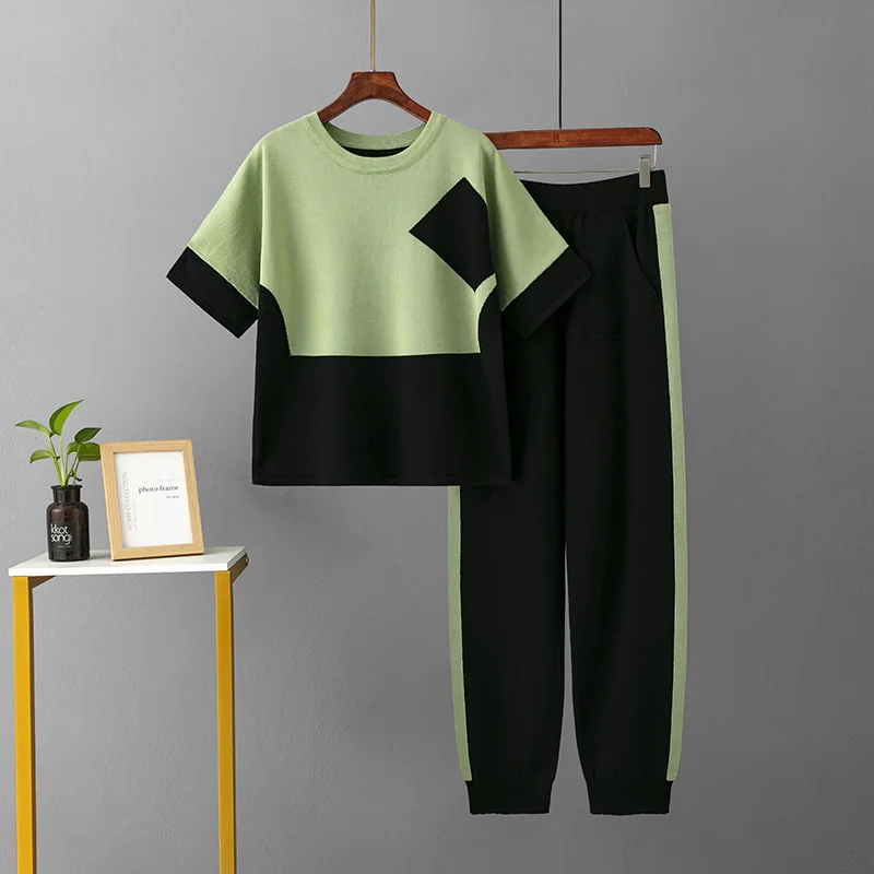 2023 Summer Knitted 2 Piece Trousers Set Women Tracksuit Long Sleeve Knit Sweater Tops High Waist Pants Female Casual Sweatshirt