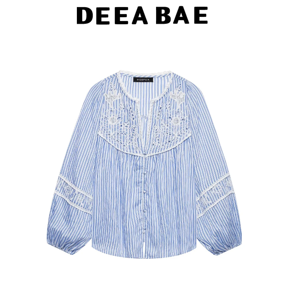 

DEEABAE 2026 Summer New Product Women's Simple Casual Long Sleeve Round Neck Hollow Embroidery Striped Loose Shirt