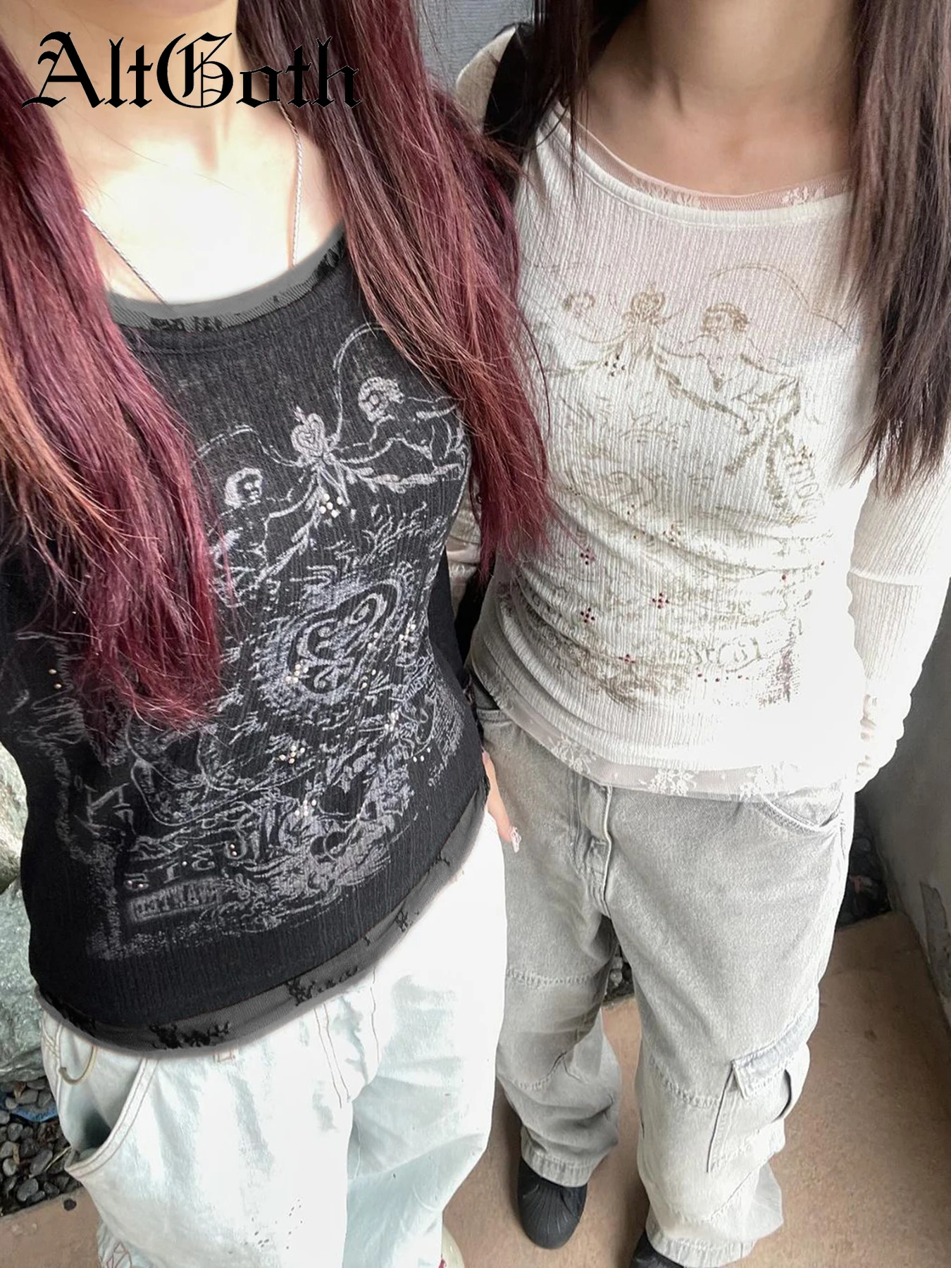 AltGoth Streetwear Y2k Basic T-shirt Vrouwen Esthetische Mall Gothic Harajuku Casual Grunge Gedrukt Lange Mouw O-hals Tee Top Femme