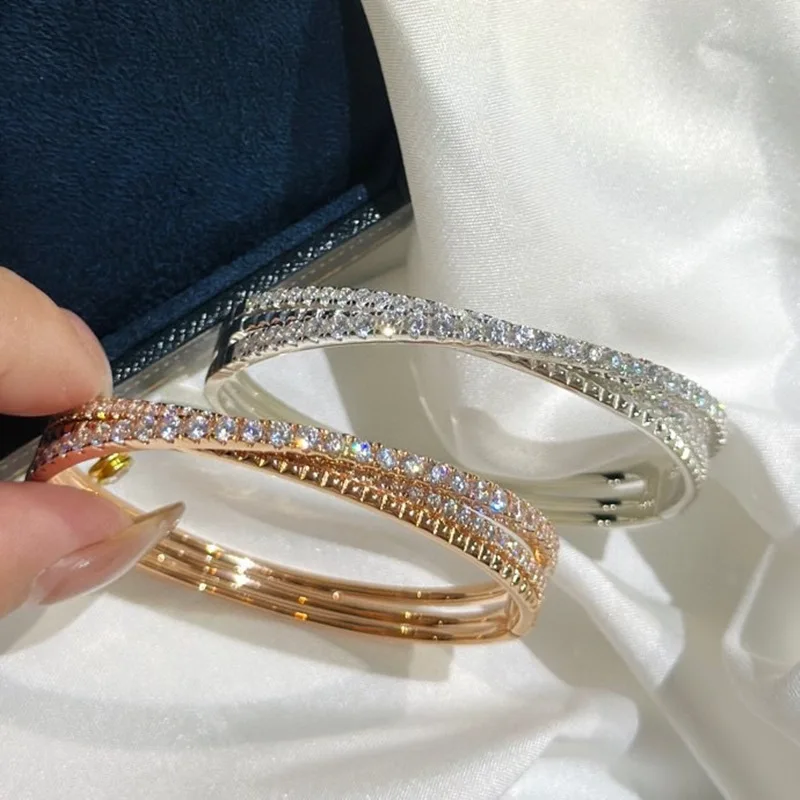 S925Silver Sparkling Full Rhinestone Double-Layer Cross Bracelet Female High Sense Seiko Light Luxury Temperament Wristband Brac