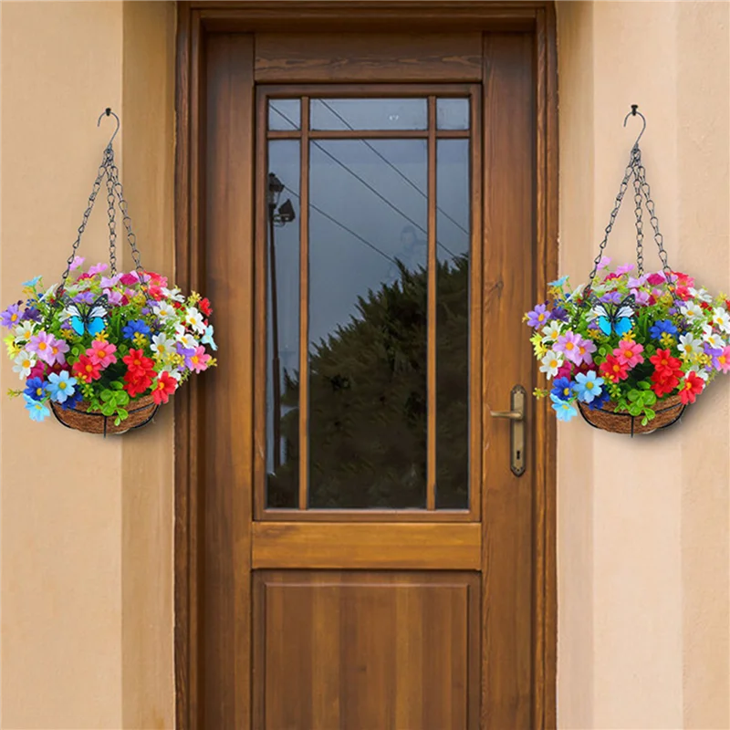 

WORTHOWN-2X Artificial Hanging Flowers In Basket For Patio Lawn Garden Decor, Multicolor
