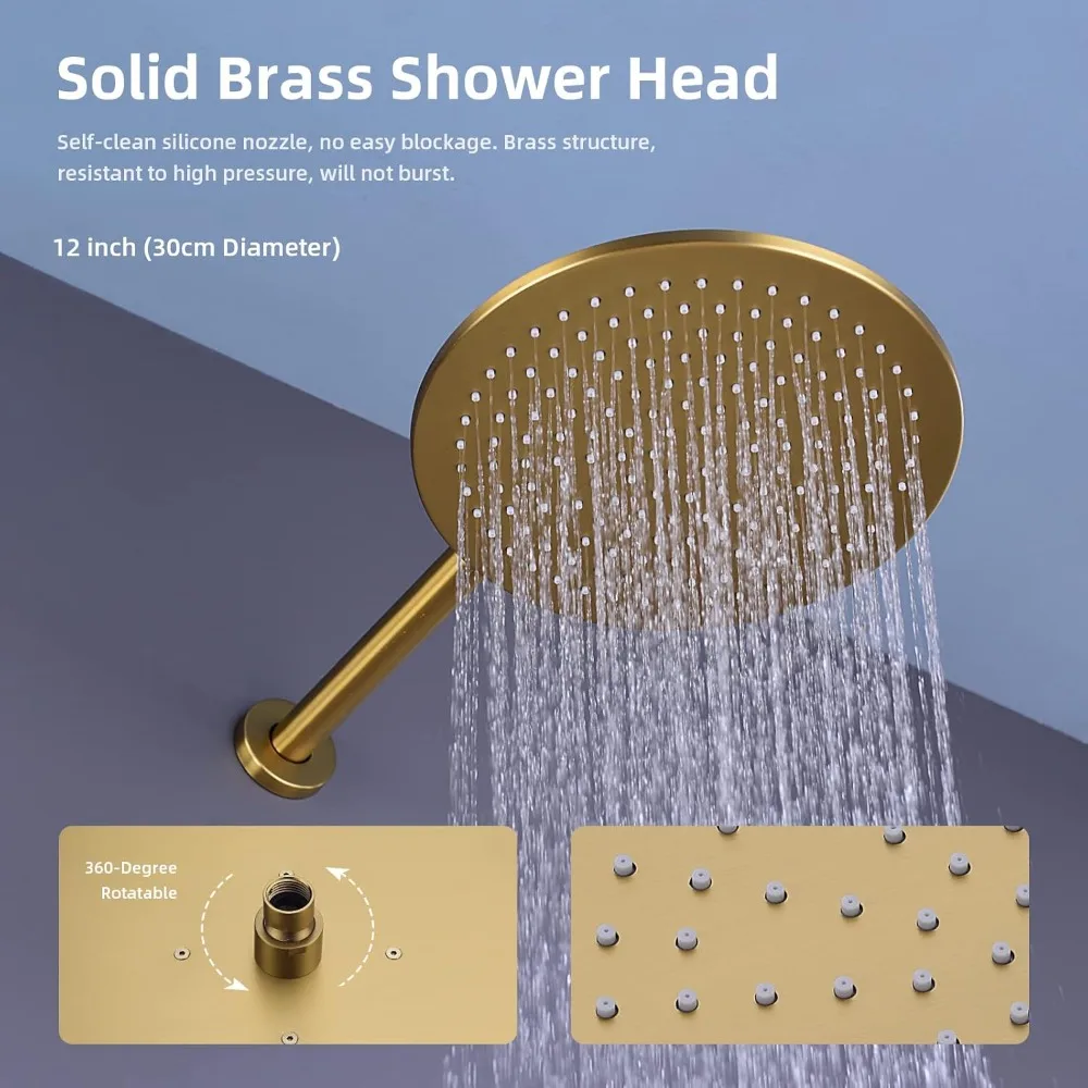 Bathroom Luxury Rain Mixer Combo Set Wall Mounted Rainfall Shower Head Brushed Gold Contain Faucet Rough-in Valve Body and Trim
