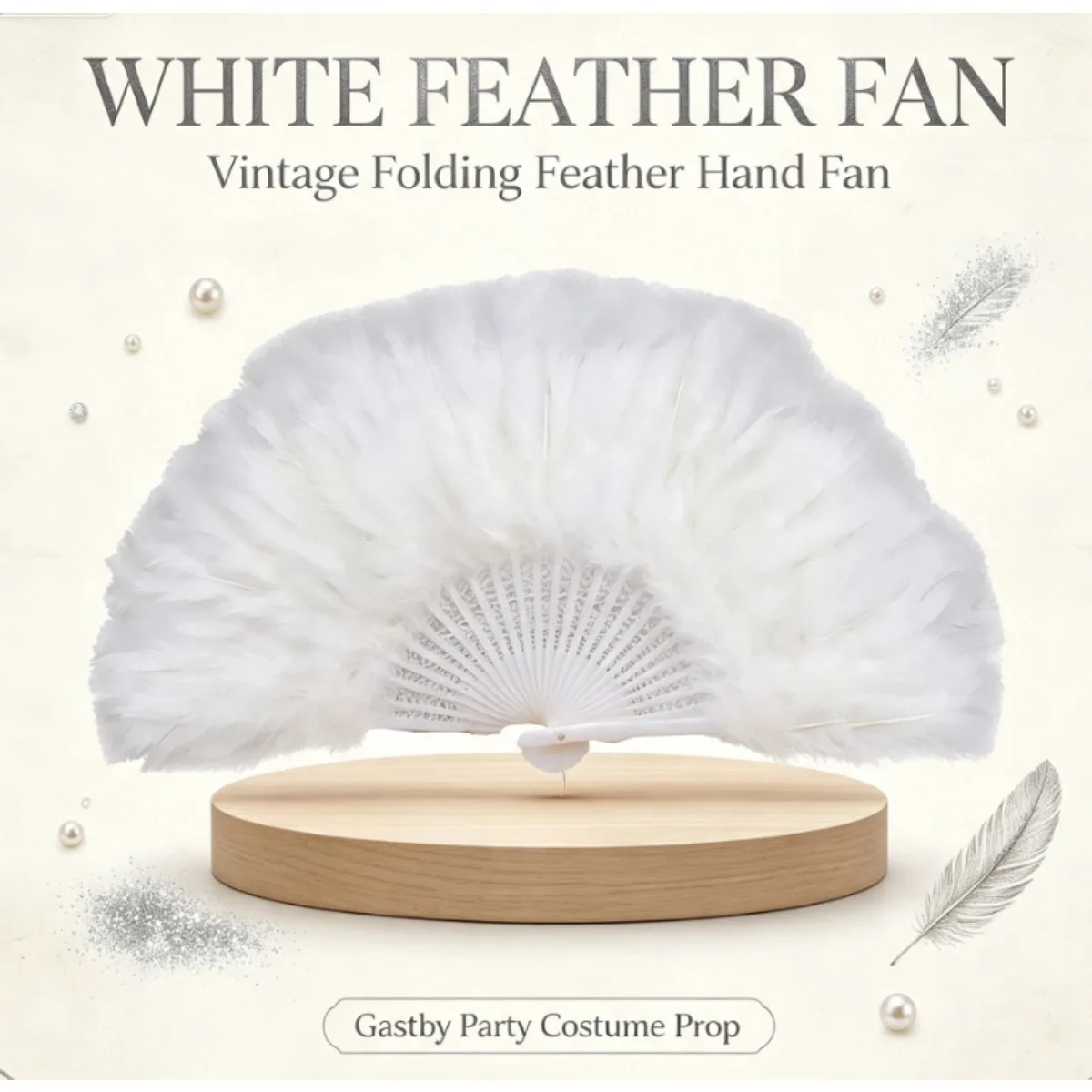 PESENAR 1920s White Gatsby Flapper Costume Set Feather Headband Pearl Jewelry Lace Gloves Feather Fan for Masquerade Halloween P