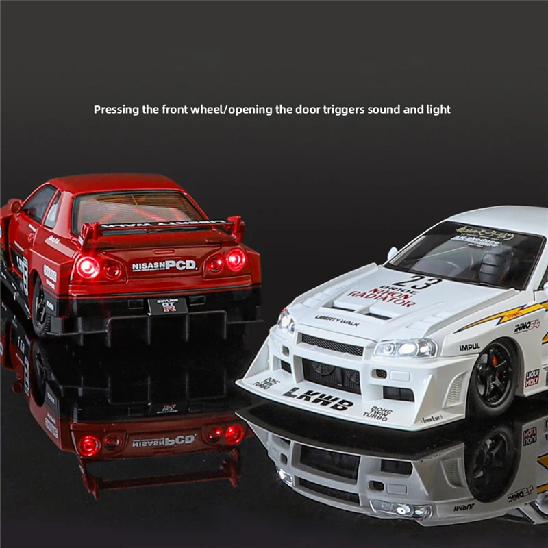 1:24 Nissan Skyline Ares GTR R34 Alloy Modified Wide Body Sports Car Model Diecast Raing Car Model Sound and Light Kids Toy Gift