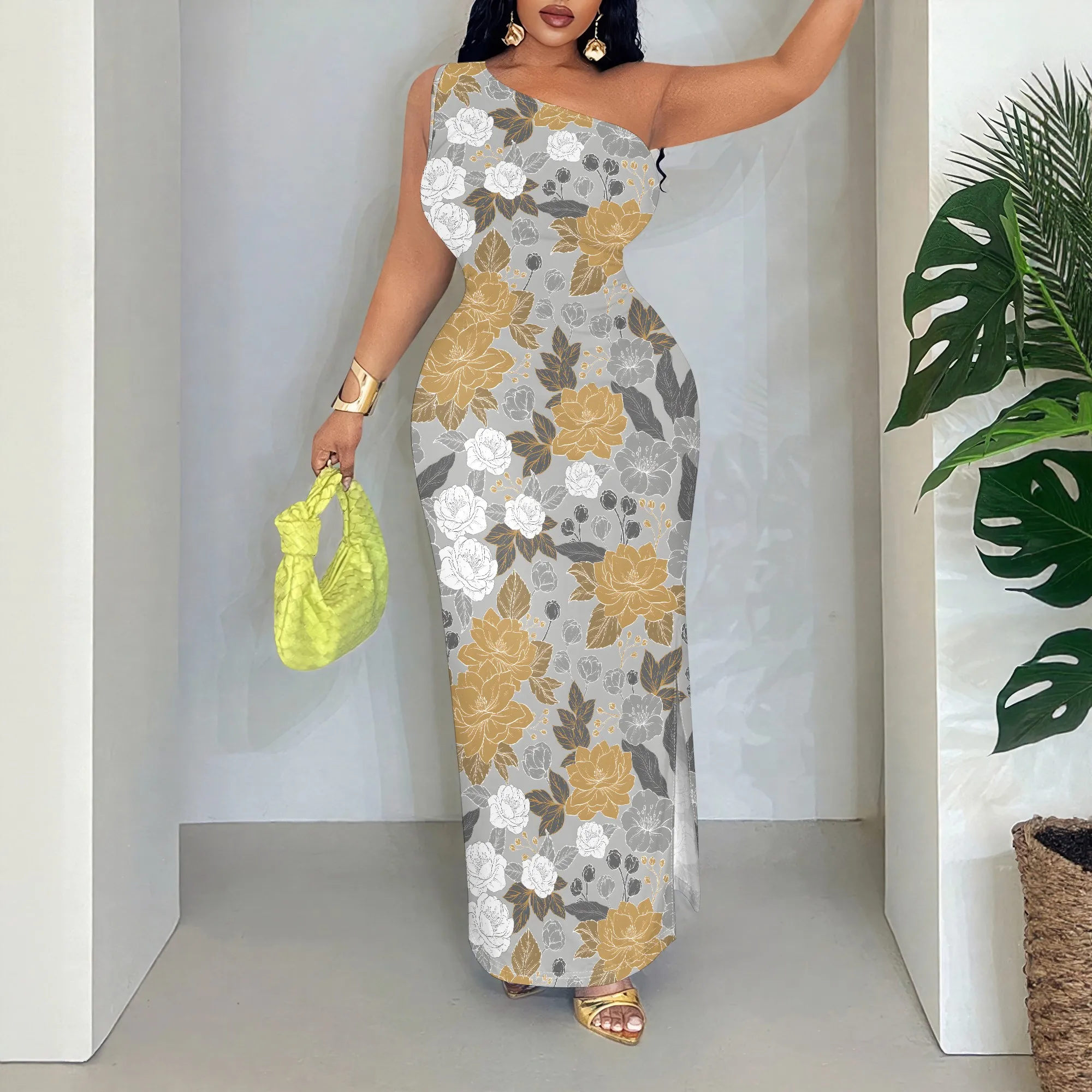 

Floral One Shoulder Maxi Dress, Sleeveless Bodycon Gown, Elegant Party Wear, S-2XL