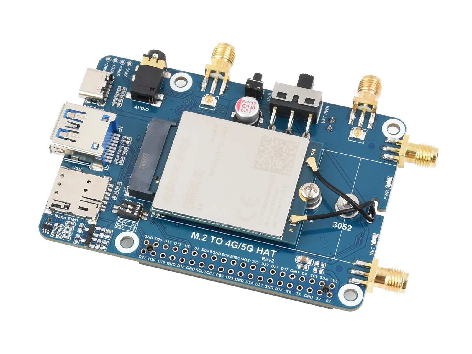 Waveshare Raspberry Pi LTE Cat 6 Communication HAT, LTE-A Global Multi-band, GNSS Positioning, Comes With EM060K-GL Module