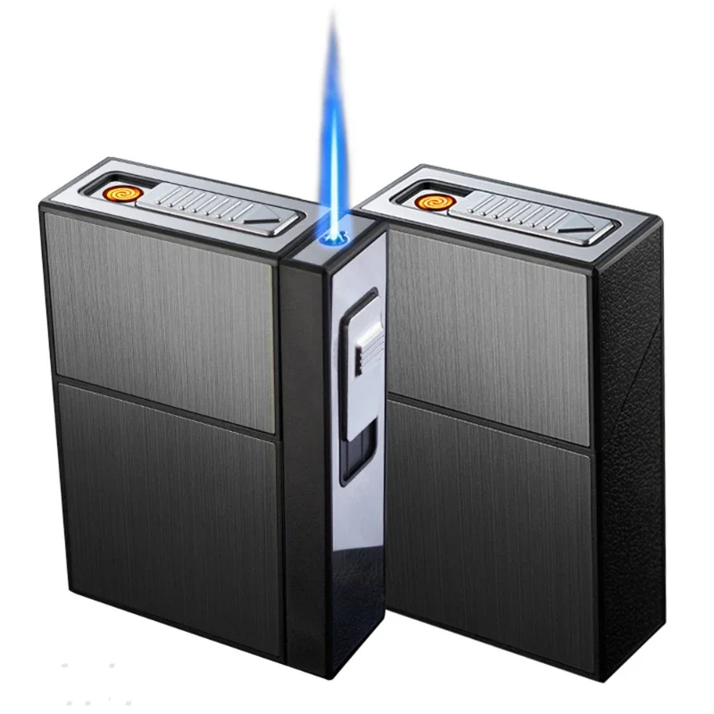 Creative gas-electric dual-use cigarette case lighter that can hold 20 cigarettes USB rechargeable butane gas lighter