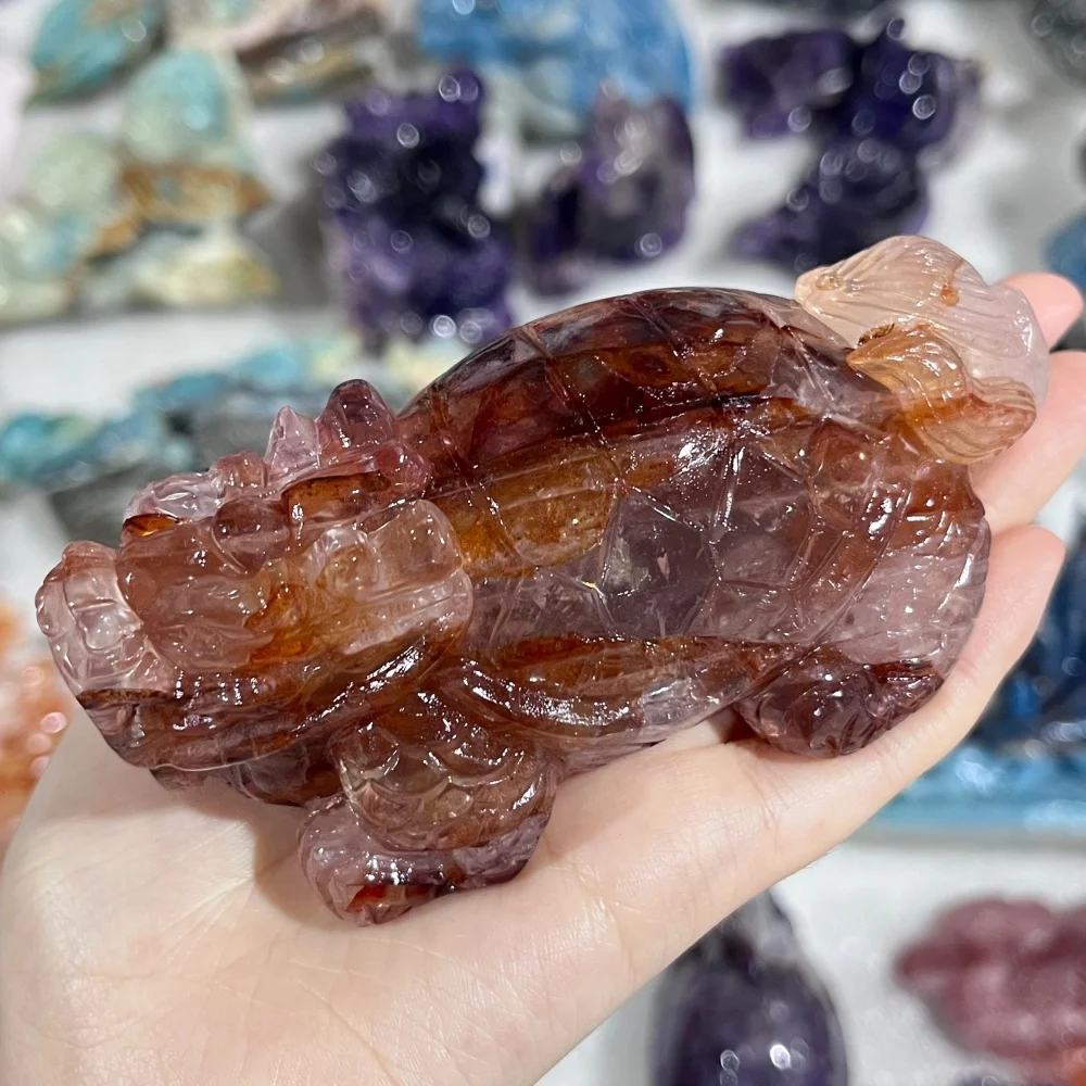Natural Red Fire Quartz hematoid Pixiu Dragon Turtle Carving Polished Reiki Healing Feng Shui Energy Stone Room Decor Gift