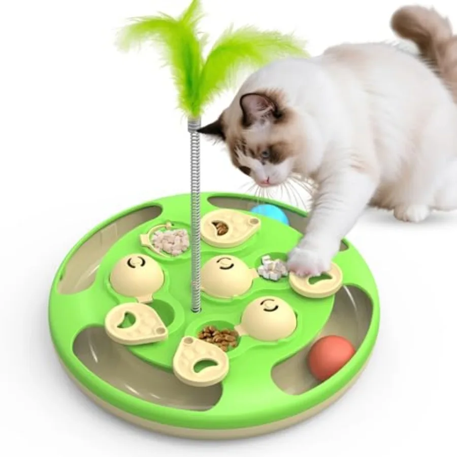

3 in 1 Cat Treat Puzzle Feeder, Level 3 Interactive Cat Puzzle Toy with Track Balls, Feather Teaser and Slow Feeder Insert, Non