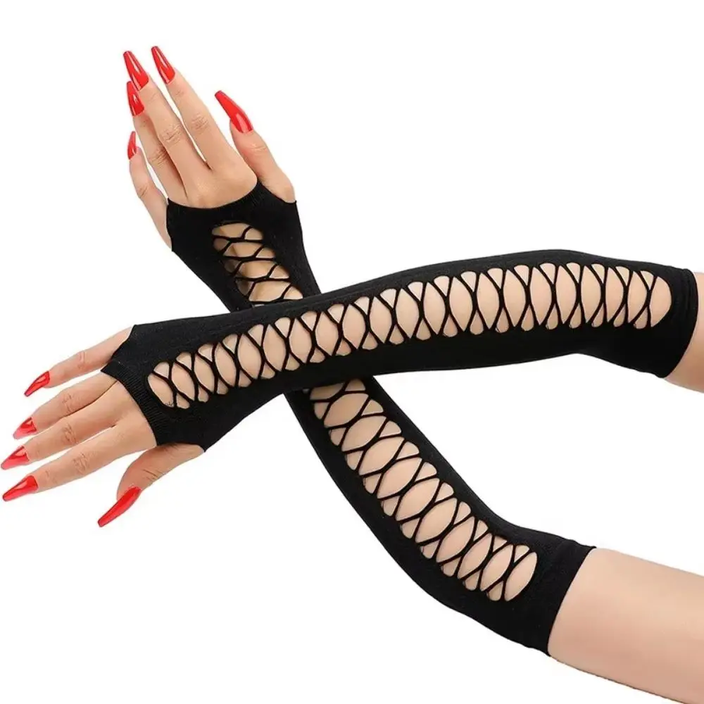 Elegance Shiny Women Fingerless Gloves Mesh Black Half Finger Mittens Arm Sleeves Elastic Long Mesh Gloves Party Costume