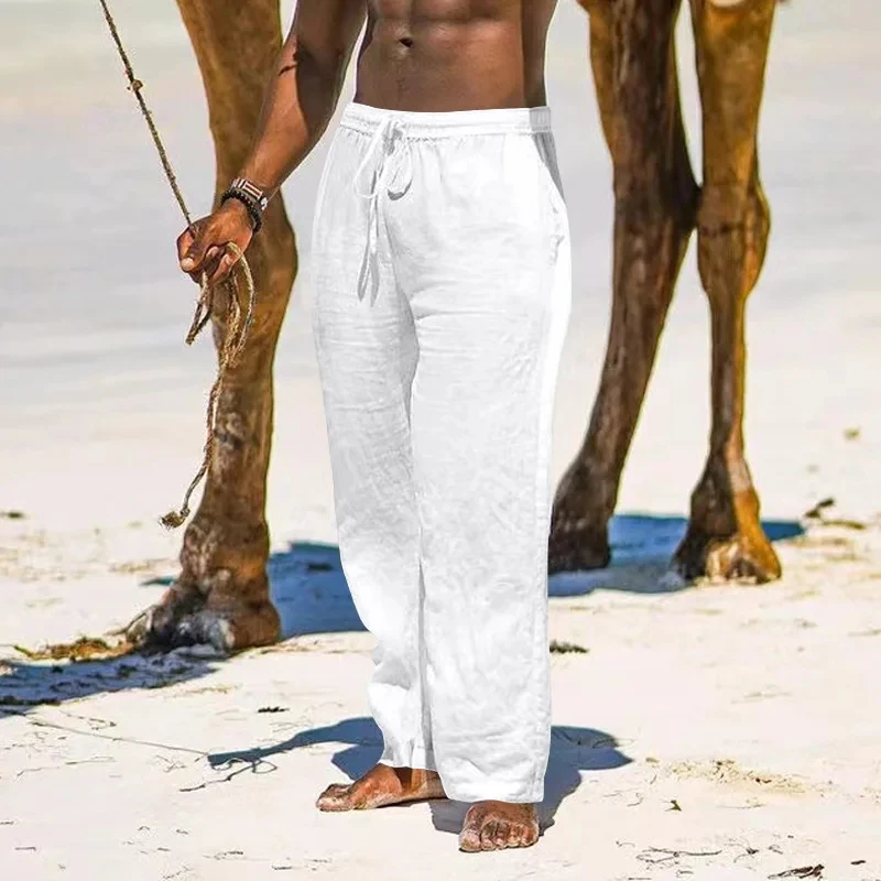 الرجال السراويل الطويلة غير رسمية الصيف فضفاضة تنفس بناطيل الشواطئ بلون الرباط مرونة الخصر الذكور السراويل #4