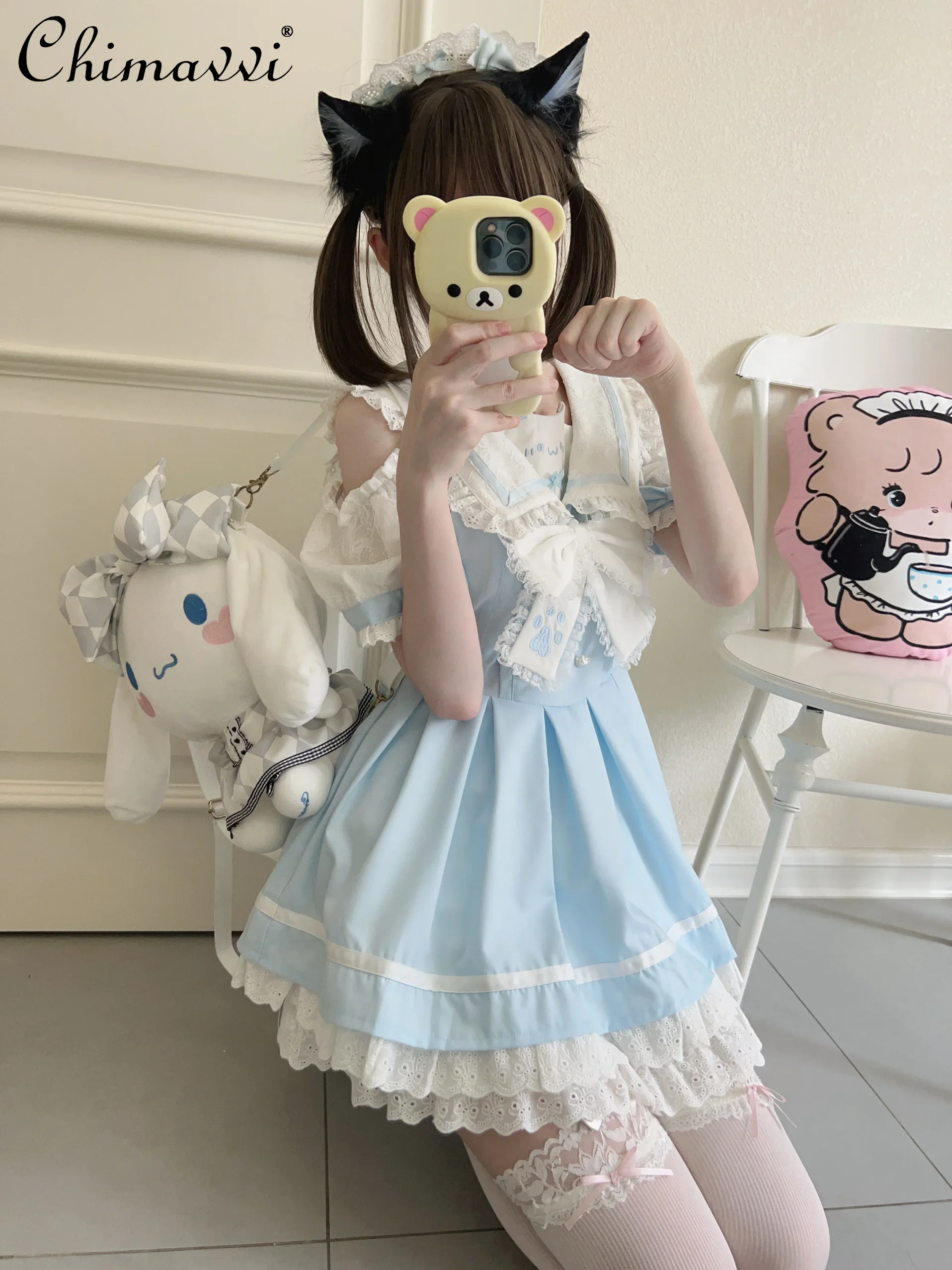 Original Lolita Style Sailor Collar Cute Lace Fitted Waist Bowknot Puff Sleeve Dress Embellished Girly Short Kawaii Women Dress