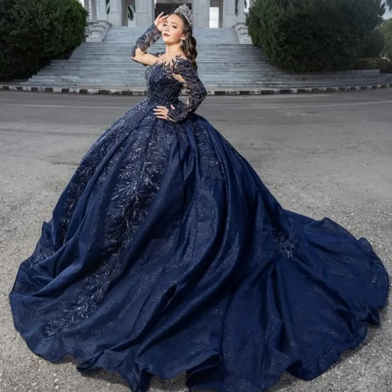Glänzendes dunkelblaues Quinceanera-Kleid, Spitze, Kristallperlen, Glitzer-Aufkleber, langer Schwanz, langer Schwanz, Vestidos de 15 Quinceanera ﻿ Maßgeschneidert