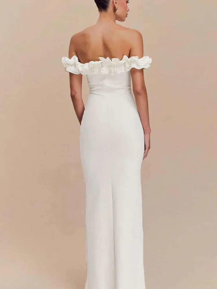 Elegancka sukienka maxi z falbanami, odkrywająca ramiona, damska, sznurowana, seksowna, z odkrytymi plecami, idealna na studniówkę, letnie ubrania, wesele, imprezę, festiwal.