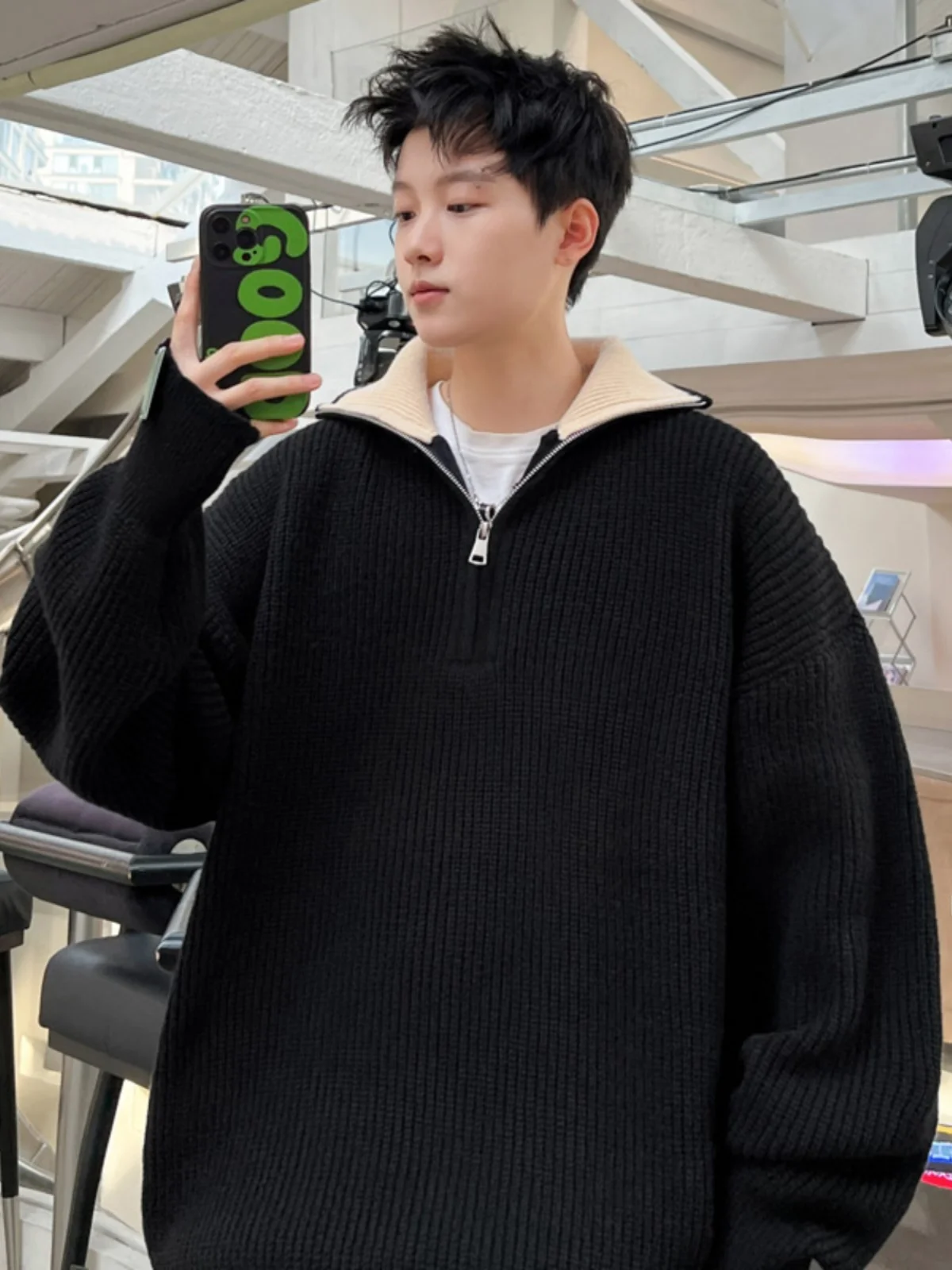 

Мужской вязаный свитер с высоким воротником на молнии, зимний, в американском ретро-стиле, повседневный, свободного кроя, удлиненный