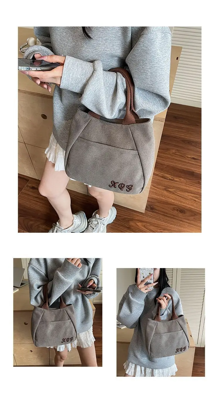 Retro-Canvas-Einkaufstasche zum Pendeln zur Arbeit. Kleine lässige Canvas-Tasche für Damen. Handgehaltene Tragetasche. – Detail 7