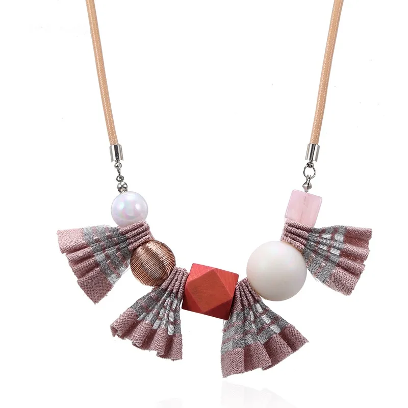 Women's plaid fabric pendant necklace Korean version geometric acrylic wood bead necklace retro handmade cross-border jewelry
