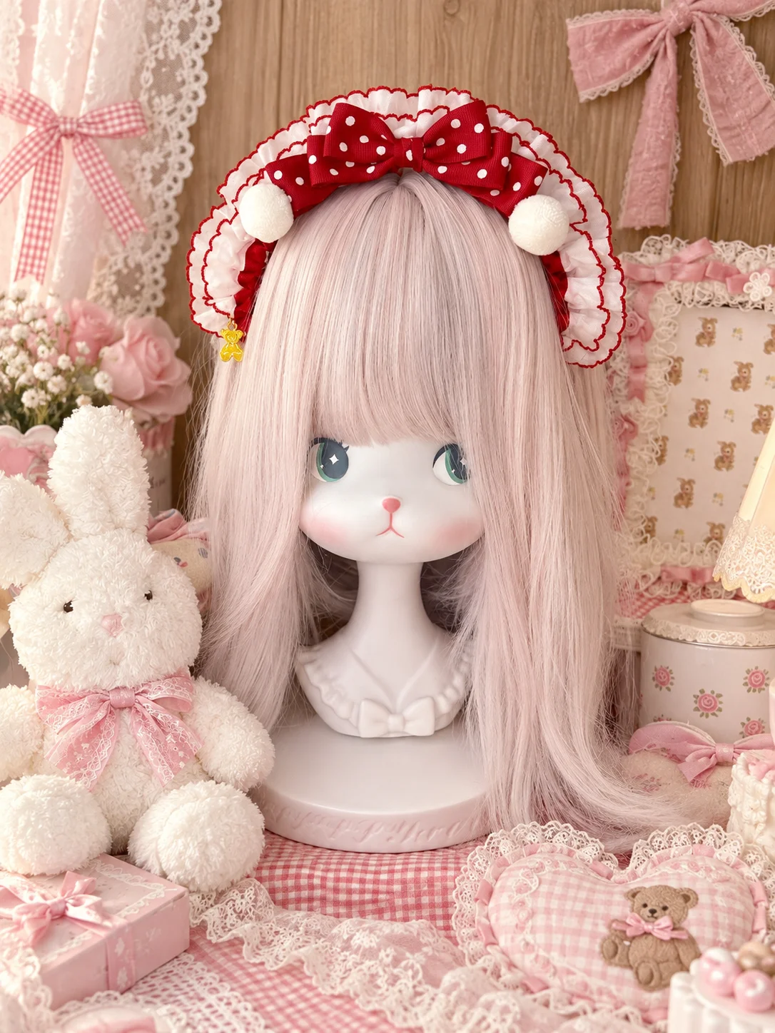 Elegant Lolita Red Polka Dot Pom Pom Bow Headband, Handmade Christmas New Year Hair Accessory for Women and Girls