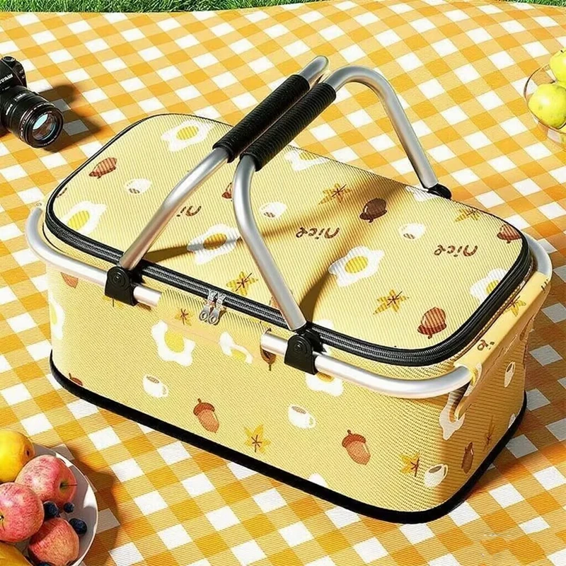 

1pc Large Capacity Foldable Outdoor Picnic Basket, Thermal Insulation Basket with Aluminum Foil and Metal Frame. Perfect for Out