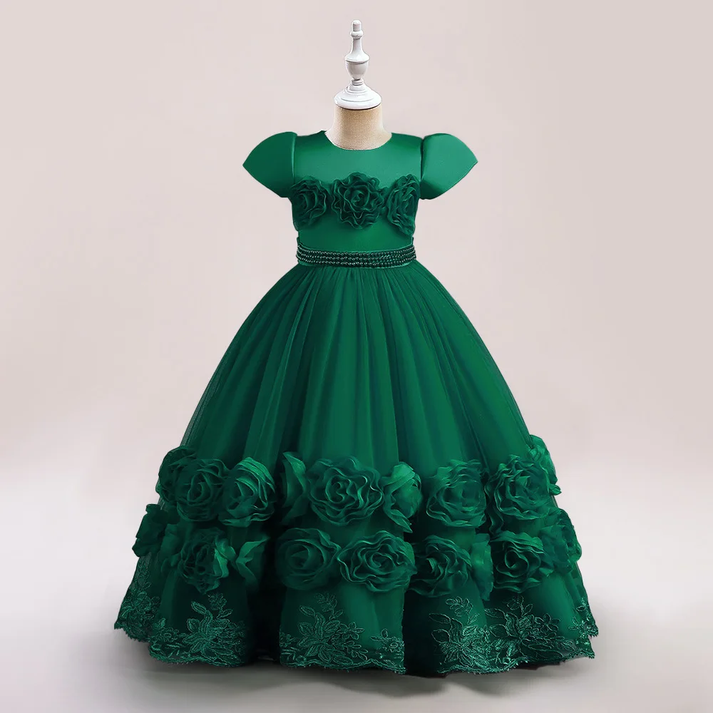 

Floral Embroidery Elegant Kids Wedding Dresses Lace Mesh Children's Long Formal Princess Dress For Girls Evening Dresses