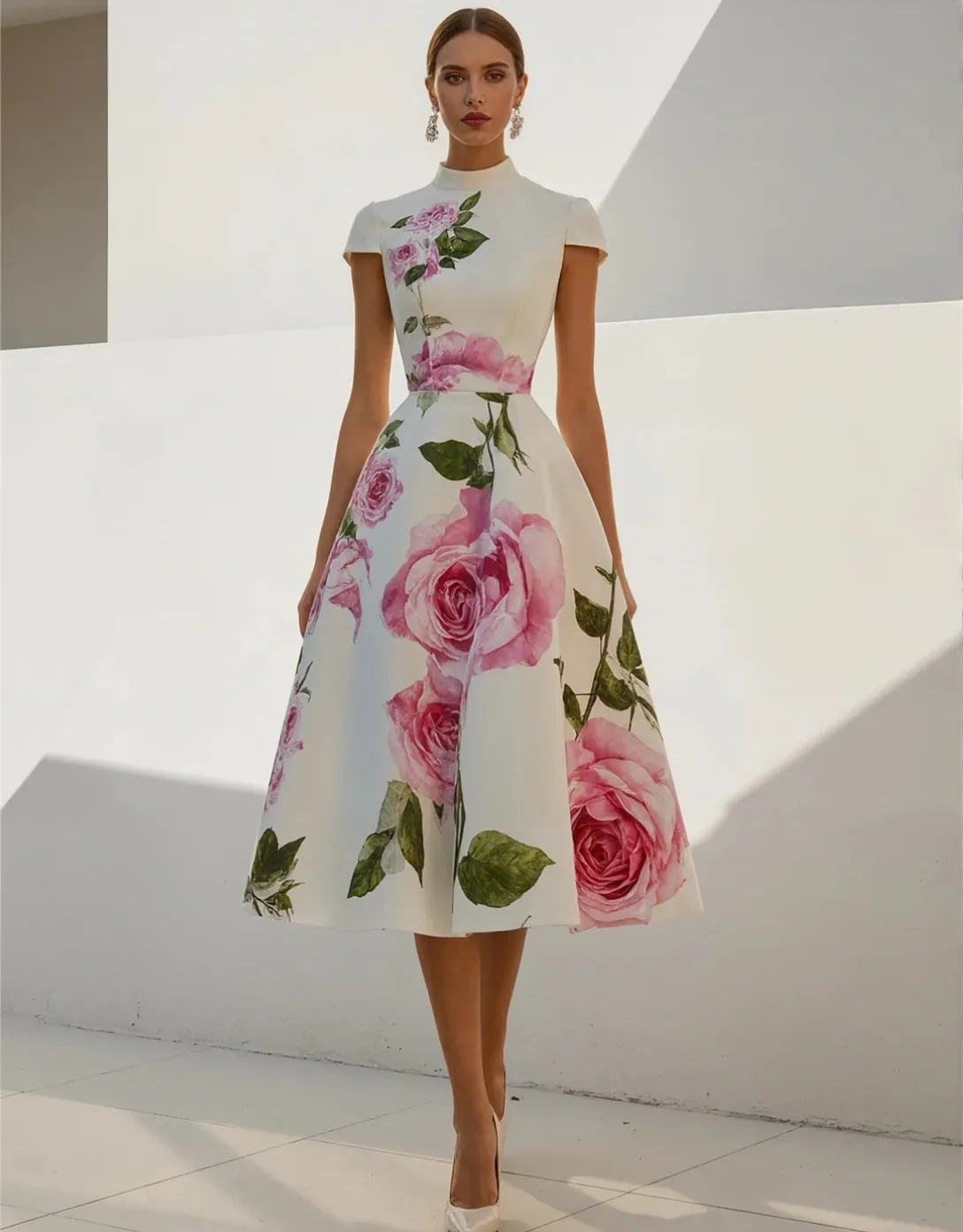 Abiti da sera corti personalizzati a collo alto con tasche Abito da ballo lungo in raso stampato a trapezio per donna