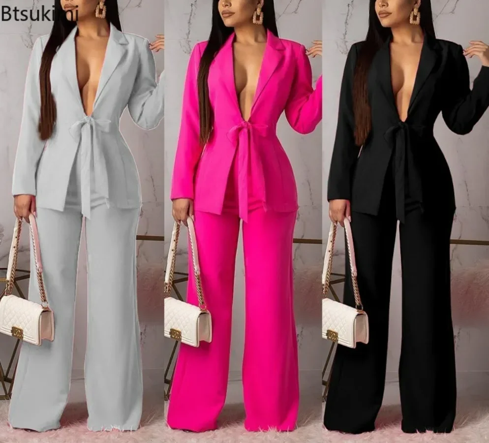 New 2024 Women\'s Formal Business Suit Sets Office Wear Two Piece Blazer Pants Sets Professional Woman Suit With Waist Tied Sets