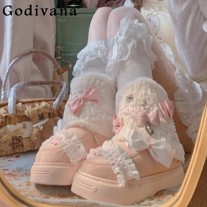 

Winter Sweet Lolita Snow Boots Japanese Cute Girl's Cute Bow Imitation Rabbit Fur Thick Sole Boots Women Warm Plush Short Boots