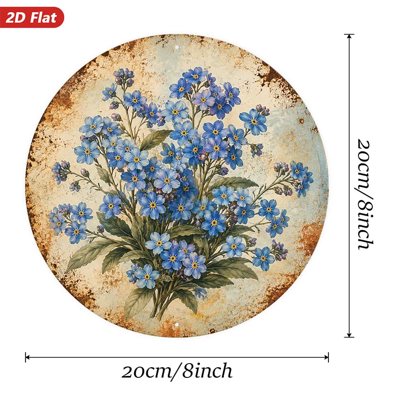 2D Flat, 1pc Blue Floral Vintage Round Metal Sign Wall Art, Blue Wildflower Bouquet, Delicate Petals, Suitable for Garden Entryw