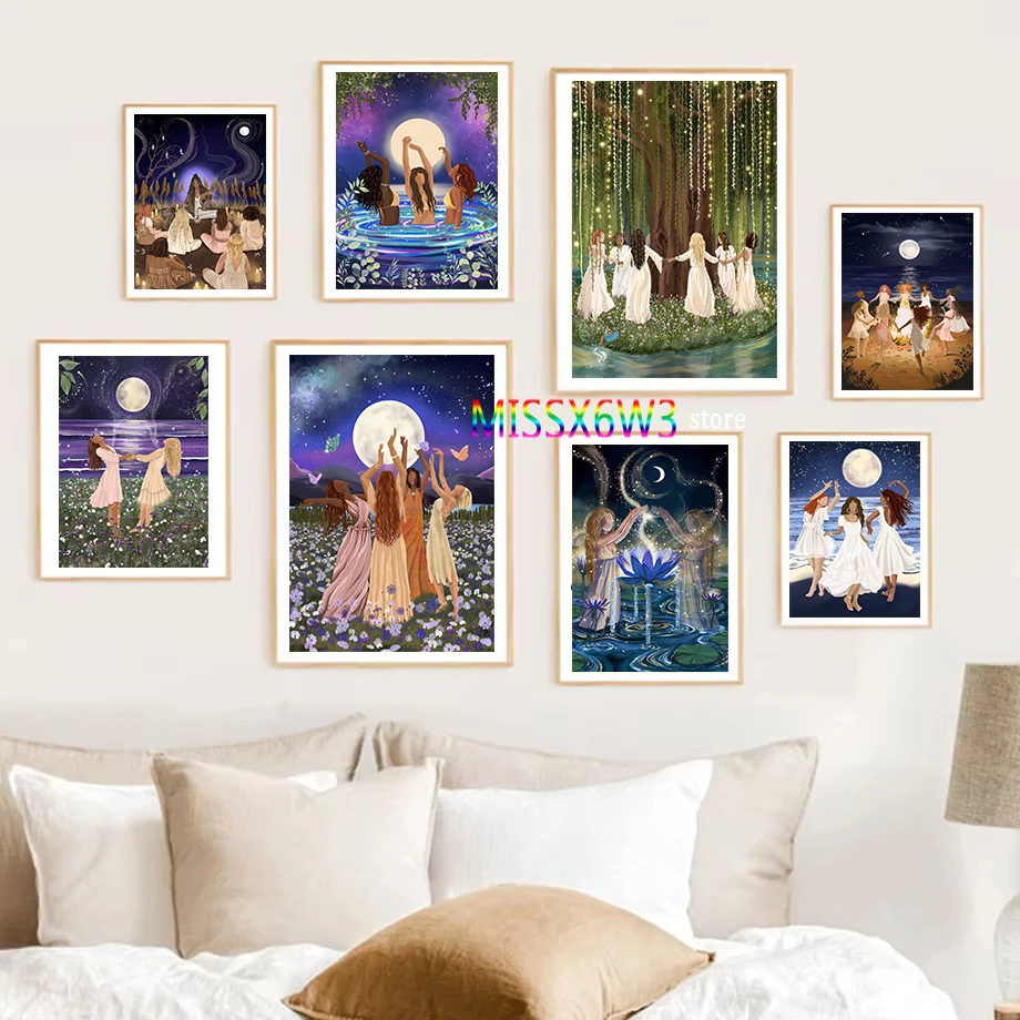 Moon Dance Poster New Age Goddess Full Moon Unity Friendship Wall Decor Goddess Inspired Home Room Decoration Canvas Painting