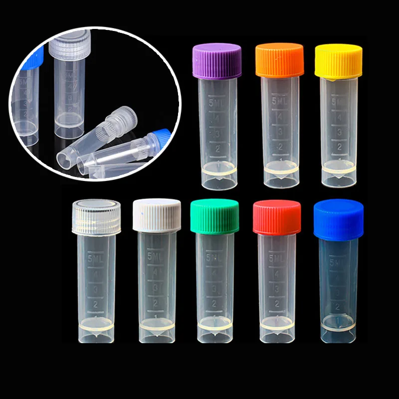 100個入り-5ml-空のプラスチック製化学用目盛り付き試験管-密閉スクリューキャップ付きパック-オフィス・学校用品用サンプルボトル