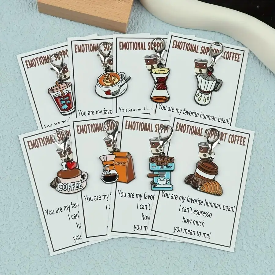 1/5/10/20/50/100pcs 4- or 8-Piece Coffee-Themed Keychain Set, Featuring a Coffee Cup, Coffee Pot, and 